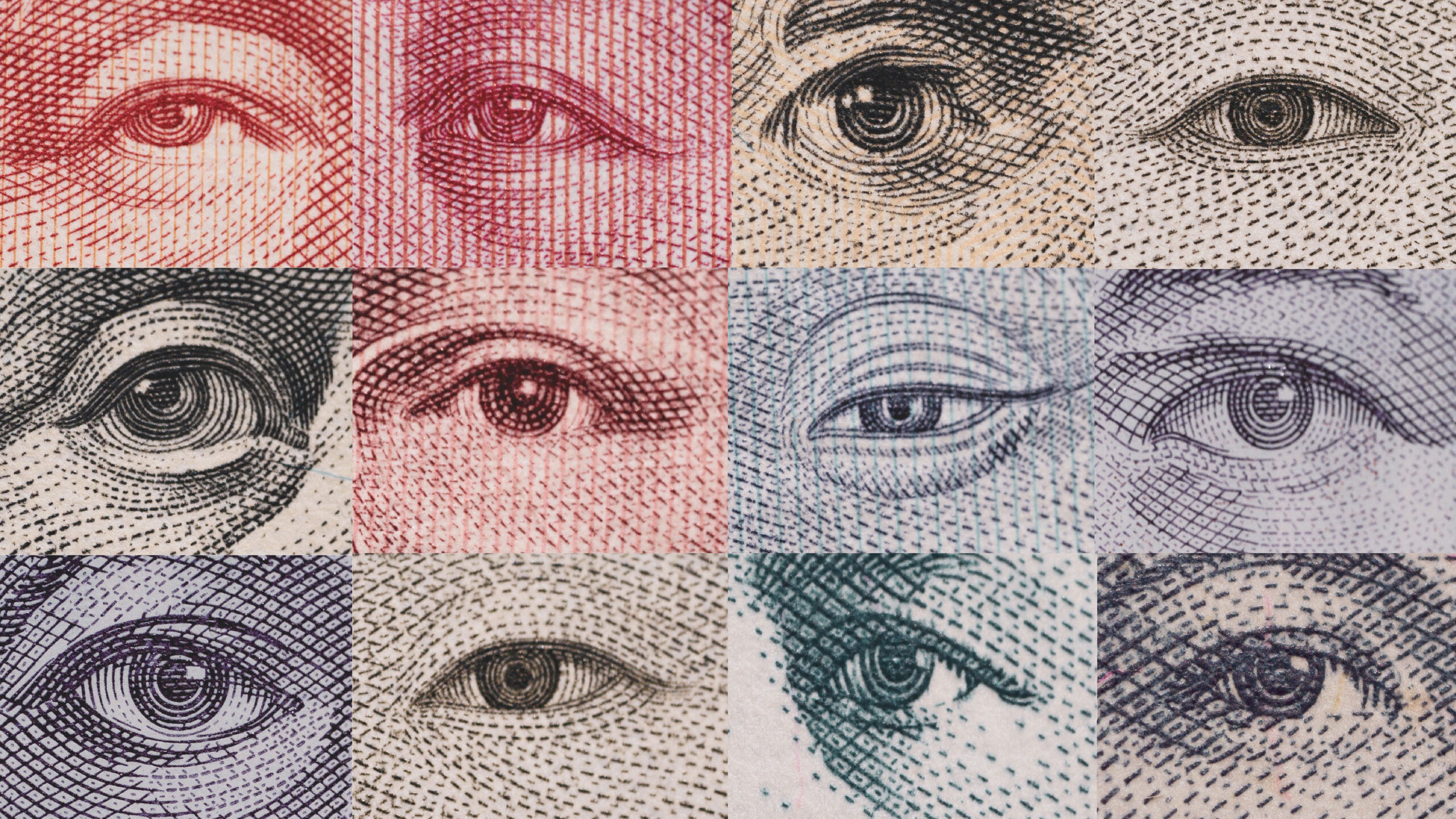 A collage of eyes from various currency designs, symbolizing global finance, economic observation, and monetary diversity.
