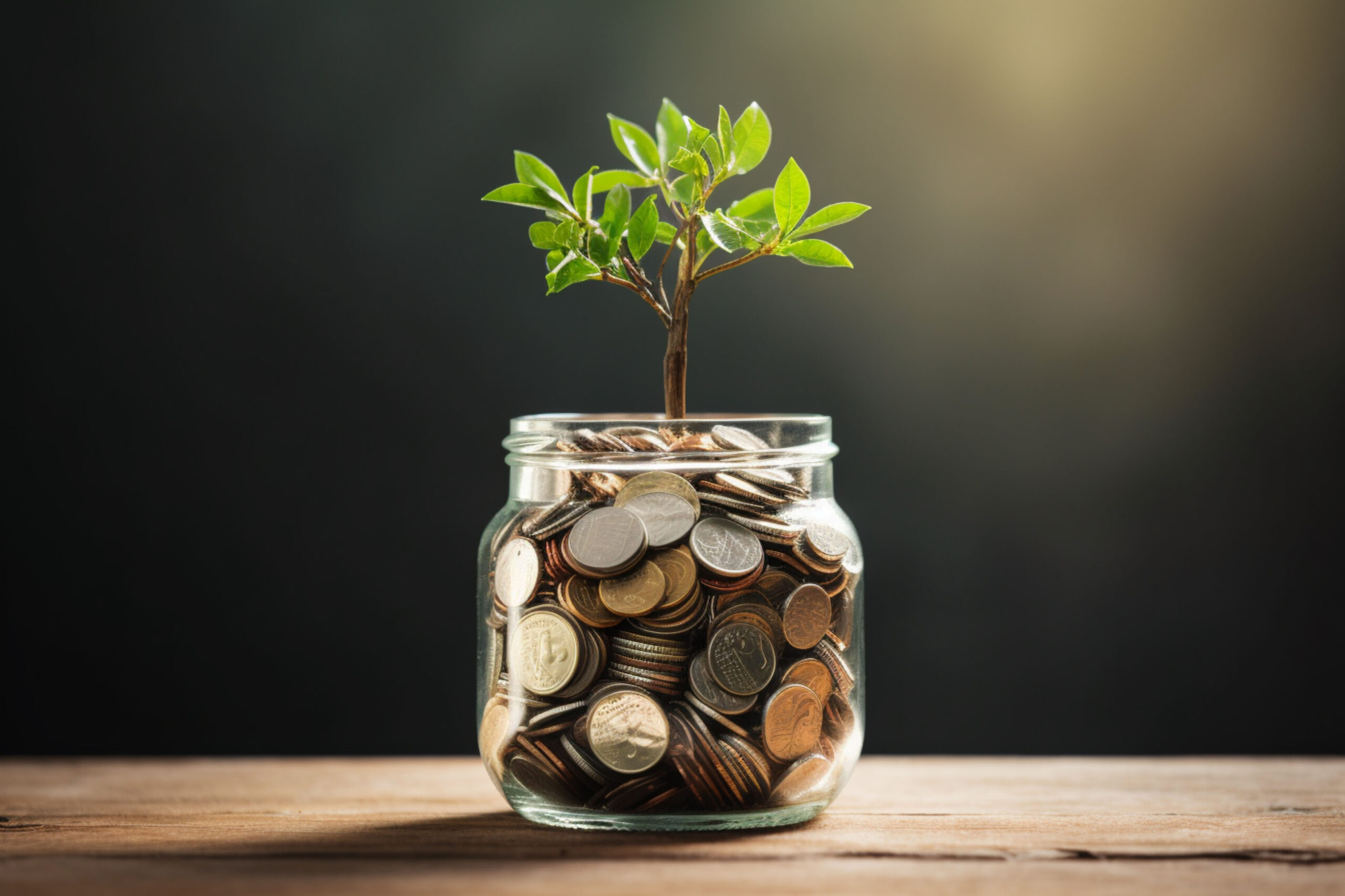 a jar standing on a wooden table full of coins and a plant
